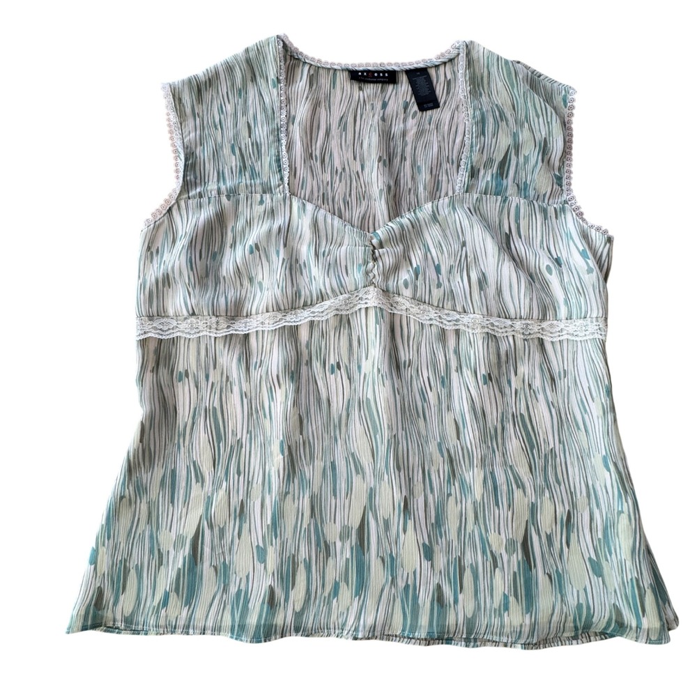Y2K Axcess Sleeveless Top Women Size 16 Green Abstract Lace Trim Fairycore Indie